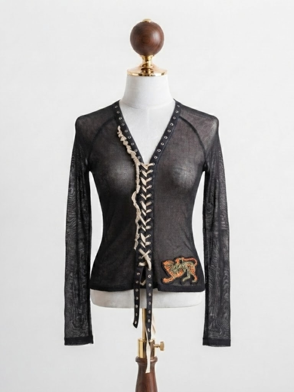 Vintage Parasuco Y2K Goth Grunge Long Sleeve Lace-Up Top, Stretch Knit Mesh, S